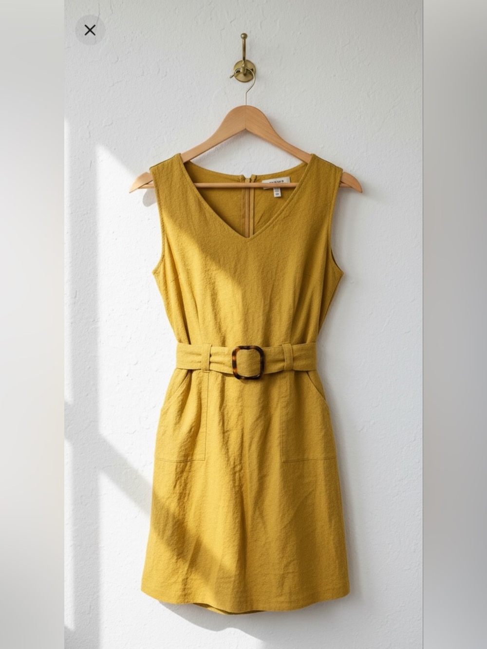 Monteau Mustard Yellow Linen-Blend Belted Mini Dress Size M